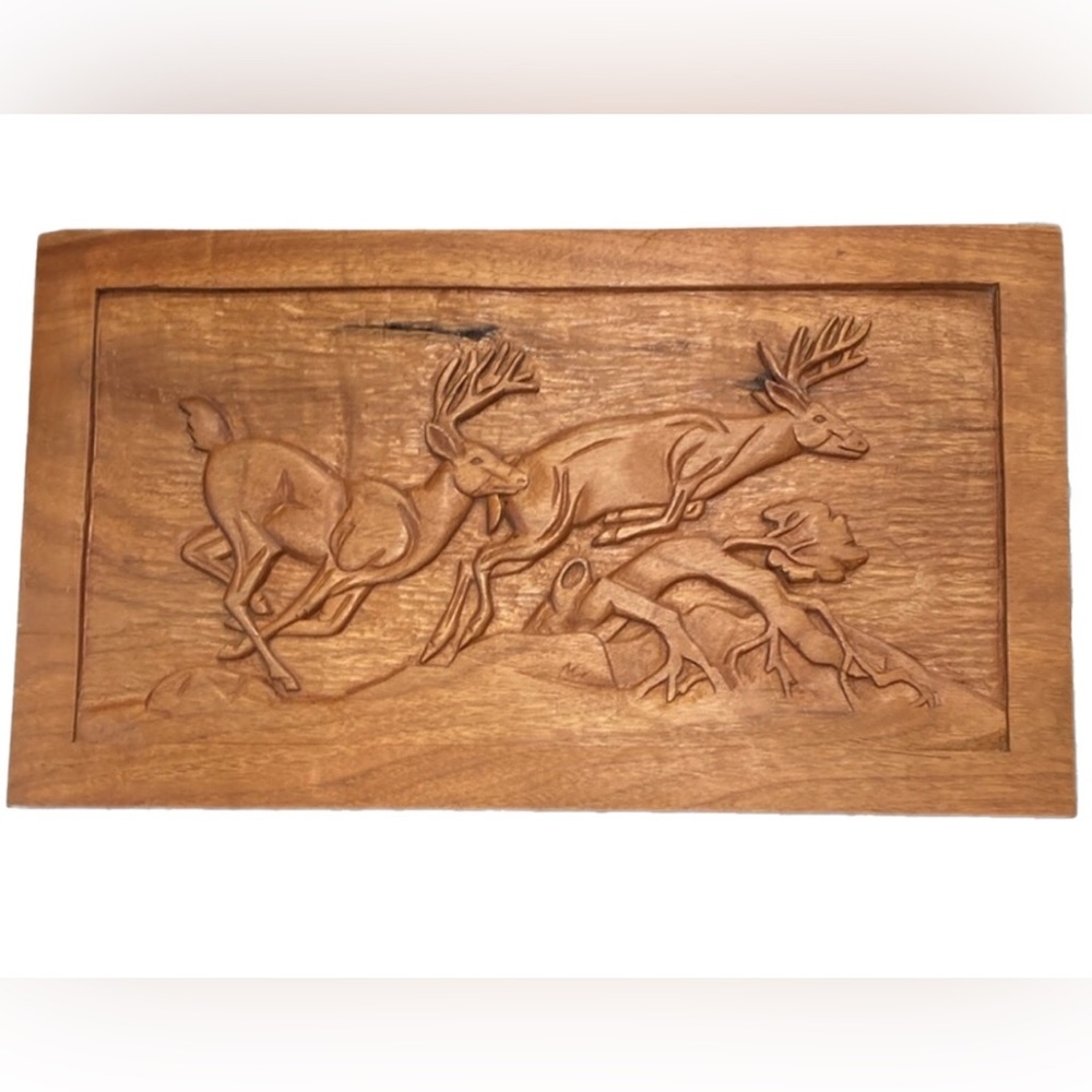 Hunter Animal Carving Wood Running Deer Wood Plaque 17” Wood Wall Art Plaque
